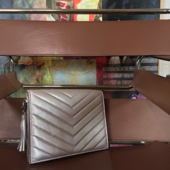 Neiman Marcus Handbags - NEIMAN MARCUS Metallic Rose Taupe Clutch Hand Bag